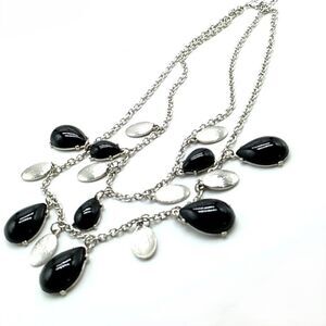Synthetic Black Cabochon & Silver-tone Double Strand Necklace 16-19" NWOT